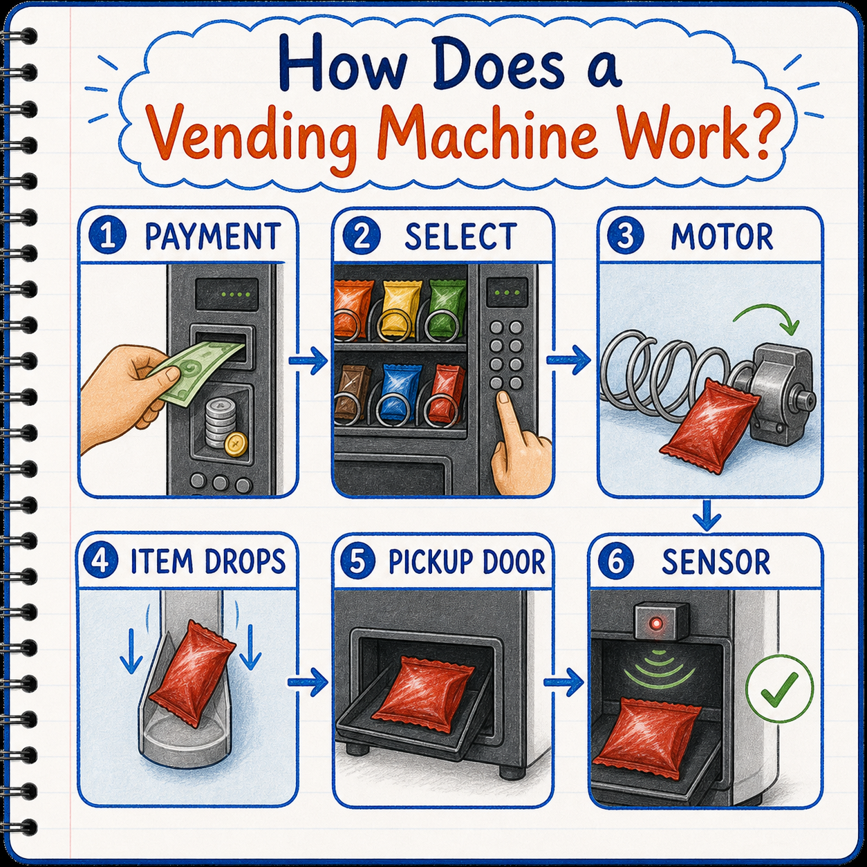 Infographic explaining vending machine payment, choice, motor, item drop, and pickup door