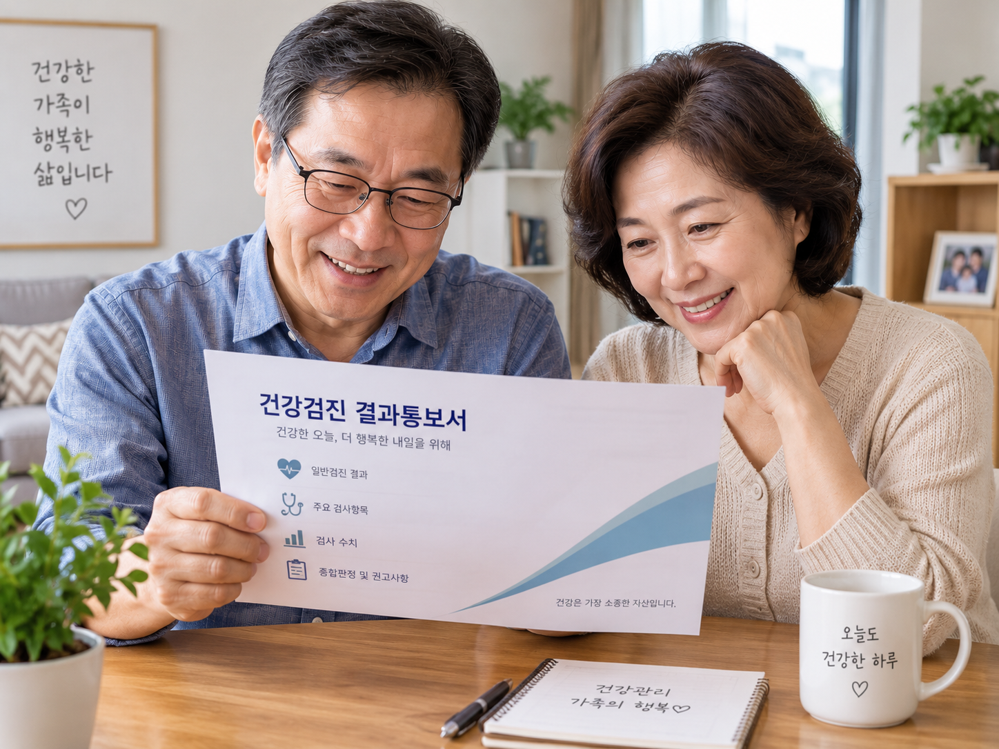 건강검진 결과통보서를 확인하는 50~60대 부부