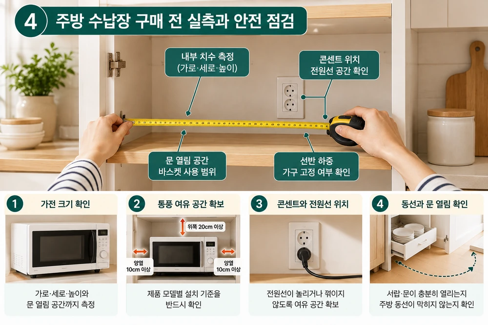주방 수납장 구매 전 내부 치수와 전자레인지 통풍 공간, 콘센트 위치, 선반 하중, 문 열림 범위를 확인하는 실측 및 안전 점검 가이드