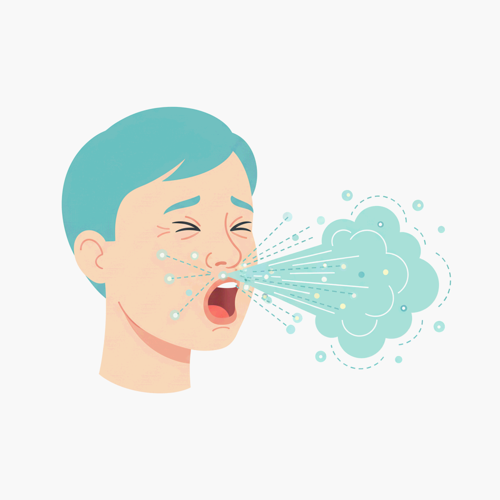 재채기가 터지는 순간의 생리적 연쇄 작용을 상징적으로 표현한 일러스트레이션