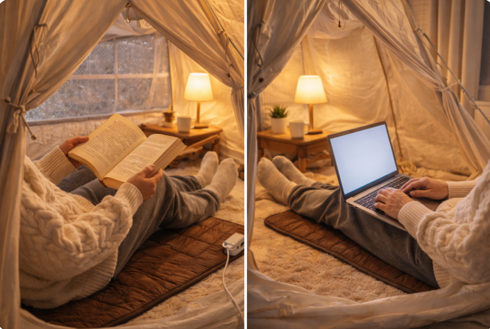 난방 텐트 안에서 전기매트 위에 앉아 책을 읽거나 노트북을 사용하는 모습. 따뜻한 조명과 단열된 창문이 함께 어우러져 겨울철 에너지 절약 분위기를 연출한다