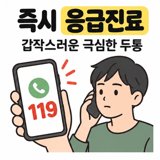 즉시 응급진료와 갑작스러운 극심한 두통 문구 아래 119가 표시된 휴대전화와 전화하는 인물이 보인다.
