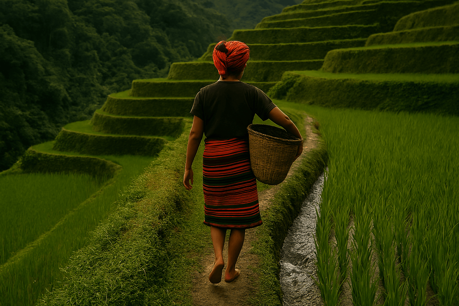 전통 복장을 하고 머리에 바구니를 이고 바나우에 계단식 논 사이를 걷는 현지 여성의 모습. 필리핀여행 중 만나는 현지인의 삶이다.