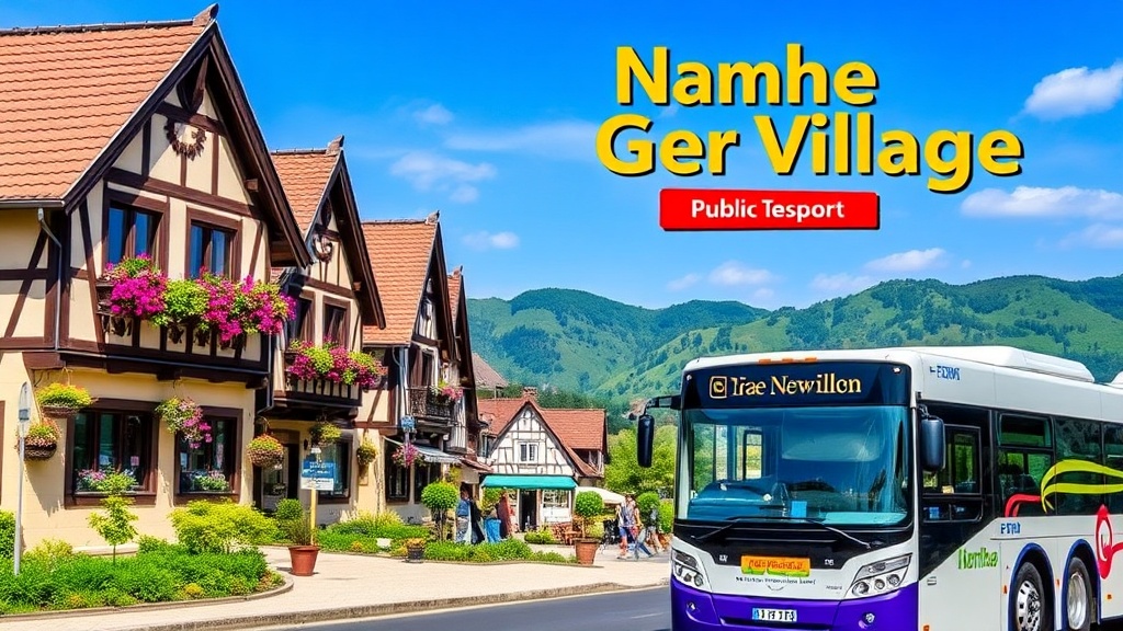 남해 시외버스 터미널의 모습과 함께 독일마을 방향으로 향하는 지역 버스의 옆모습. 버스 정류장 표지판과 대중교통 노선도가 보인다.