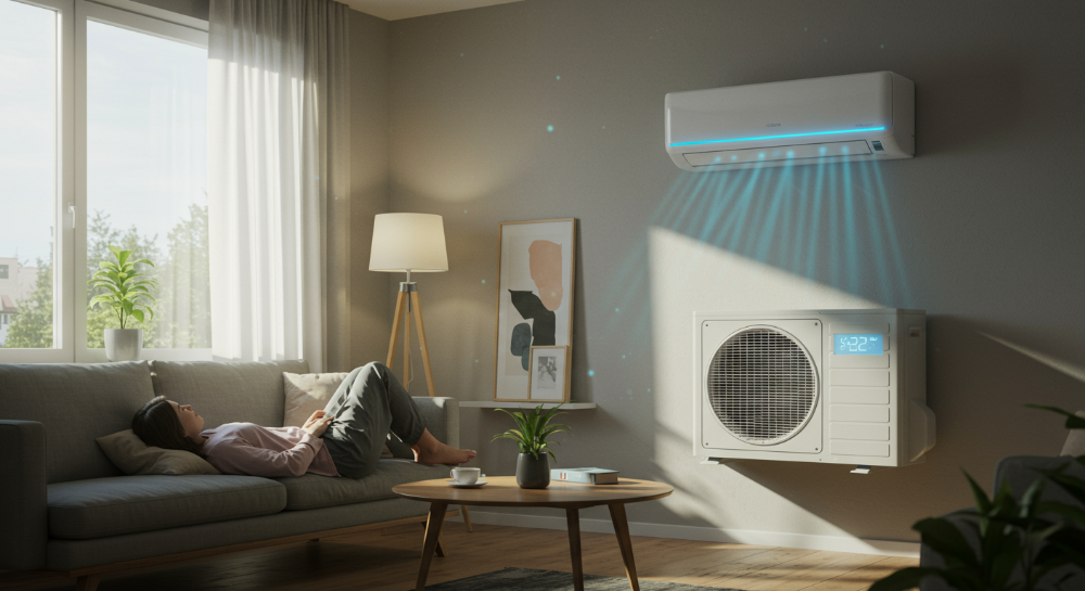 2025년형 벽걸이 에어컨이 설치된 미니멀한 거실에서 한 사람이 편안하게 휴식을 취하고 있는 모습. 에어컨은 인테리어와 자연스럽게 어우러지며, 스마트 기능과 쾌적함을 시각적으로 보여준다.
