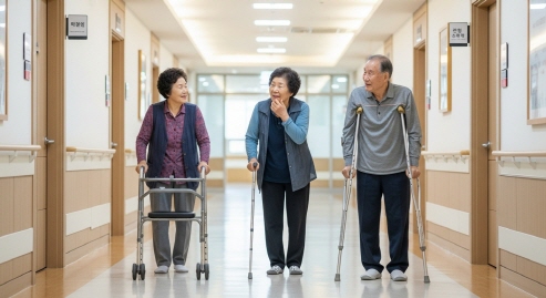 병원 복도에서 보행 보조기구를 사용하는 고령층 모습