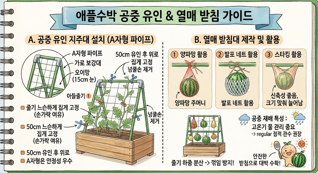 나무 플랜트 화분에 세워진 A자형 지주대와 오이망을 따라 애플수박 아들줄기가 느슨한 집게로 고정되어 위로 자라는 모습을 나타낸 가이드 삽화