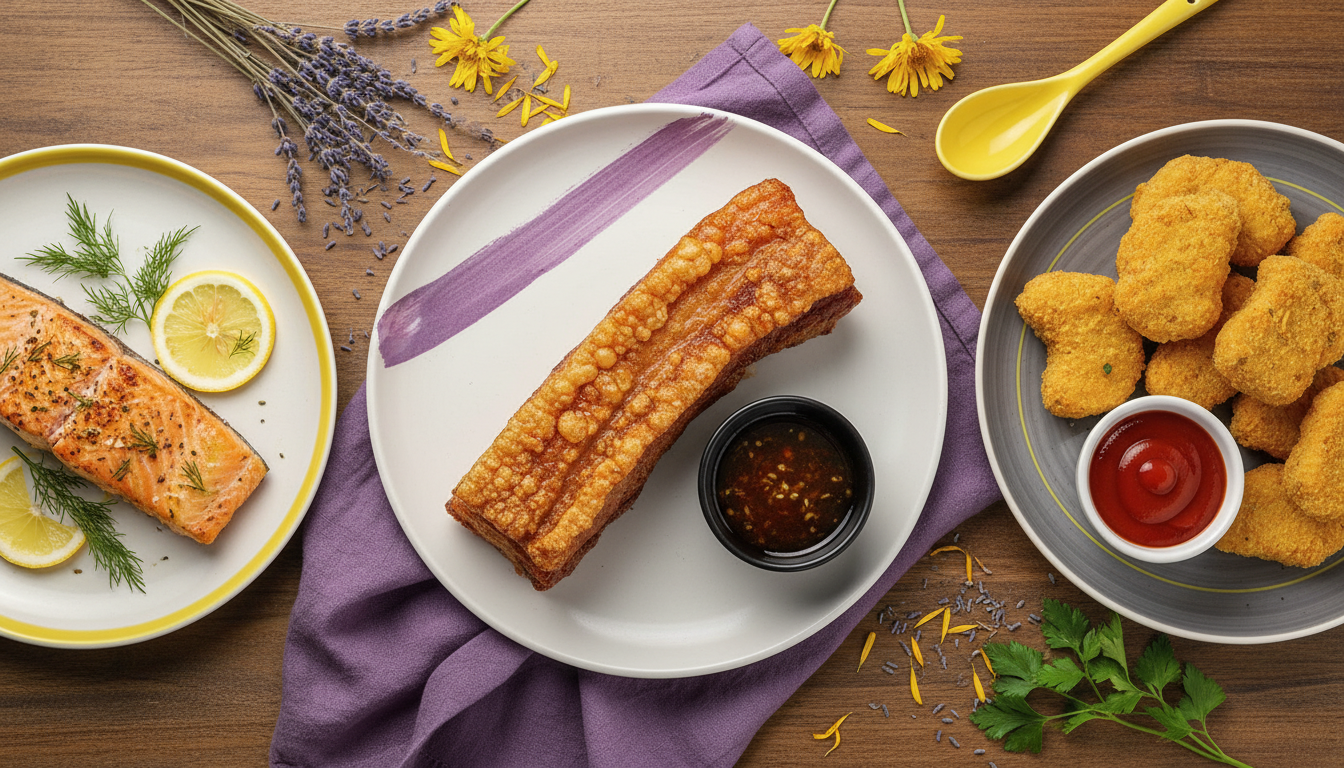 에어프라이어로 완벽하게 조리된 통삼겹살, 연어 스테이크, 치킨 너겟이 먹음직스럽게 놓인 음식 사진.