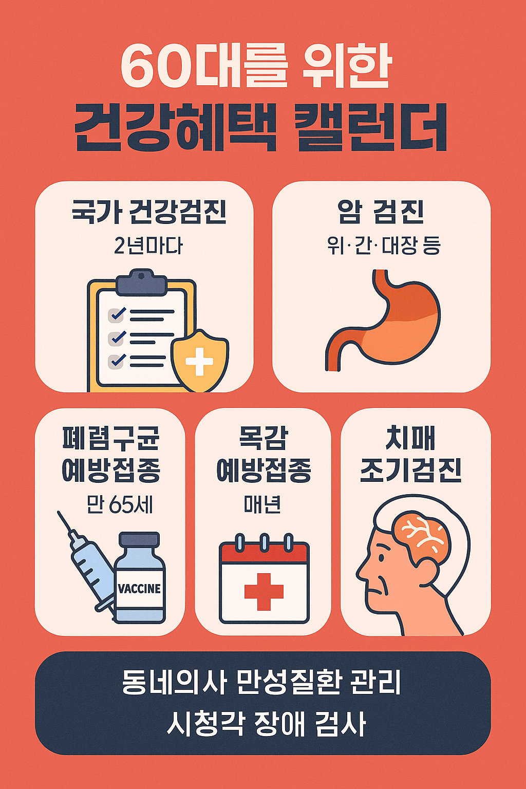 60대 이상을 위한 건강검진, 폐렴 예방접종, 치매 조기검진 등 건강 혜택 정보를 담은 한국어 디지털 인포그래픽