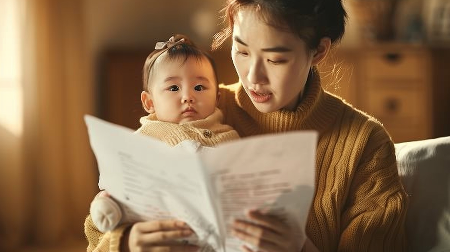 아기를 안고 서류를 보는 부모