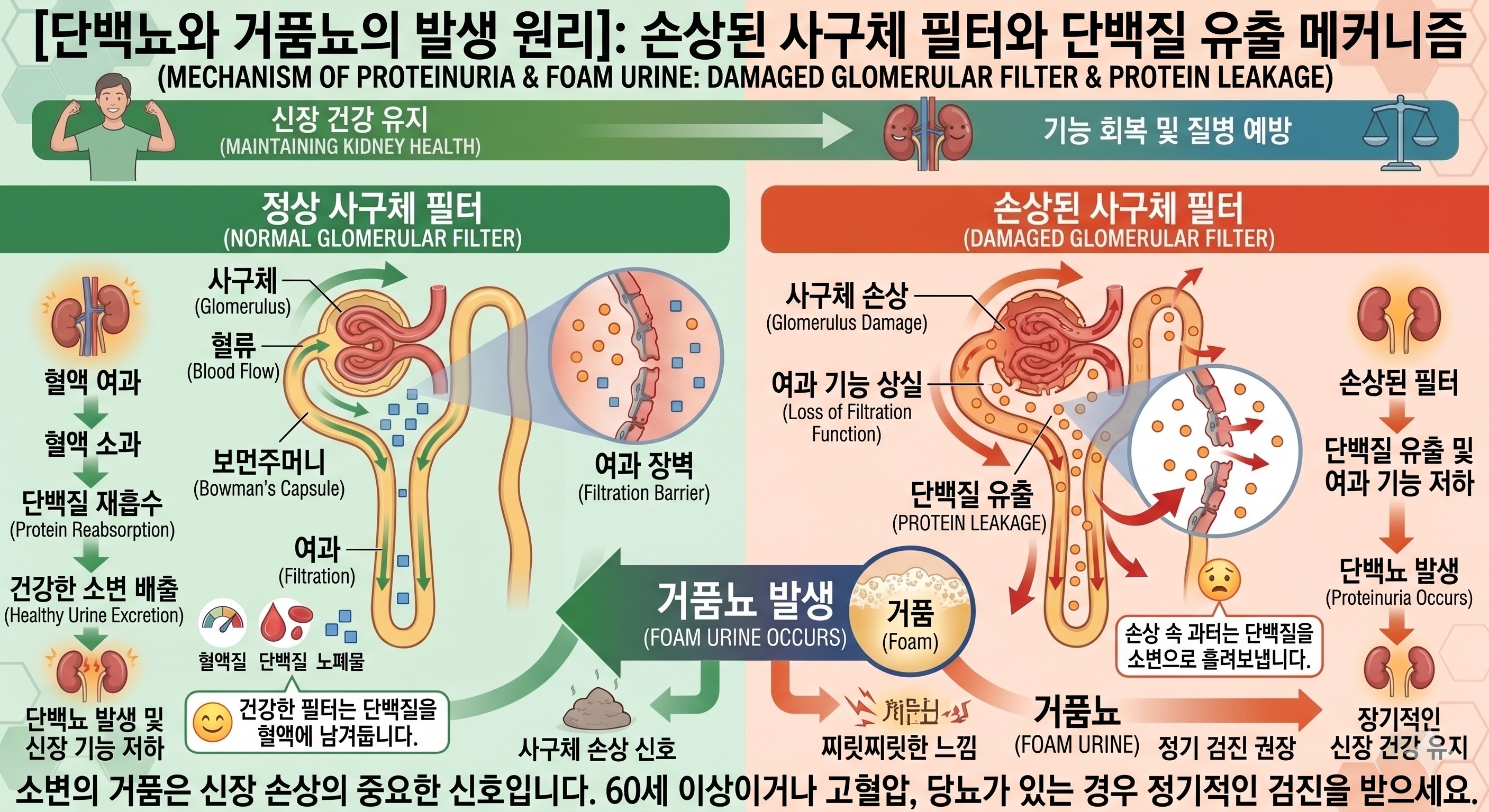 신장의 필터인 사구체가 손상되어 단백질이 소변으로 빠져나가 거품이 생기는 메커니즘을 보여주는 해부학적 도식
이미지출처: Gemini AI 생성