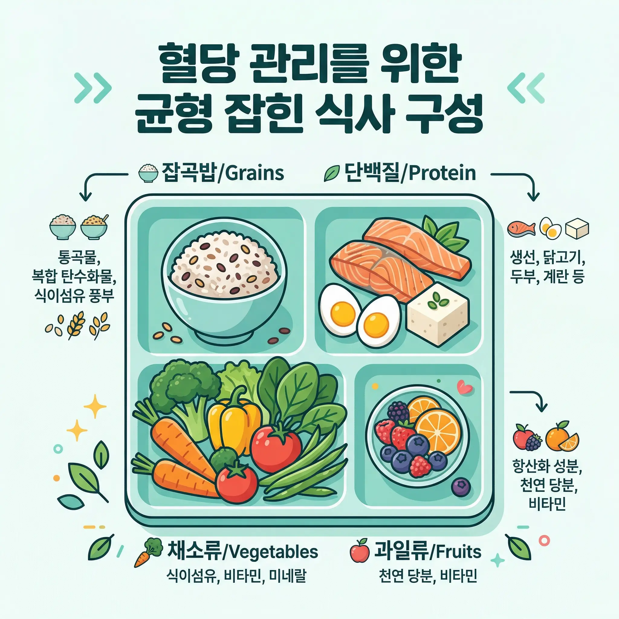 곡류 단백질 채소가 함께 있는 균형 식사 이미지
