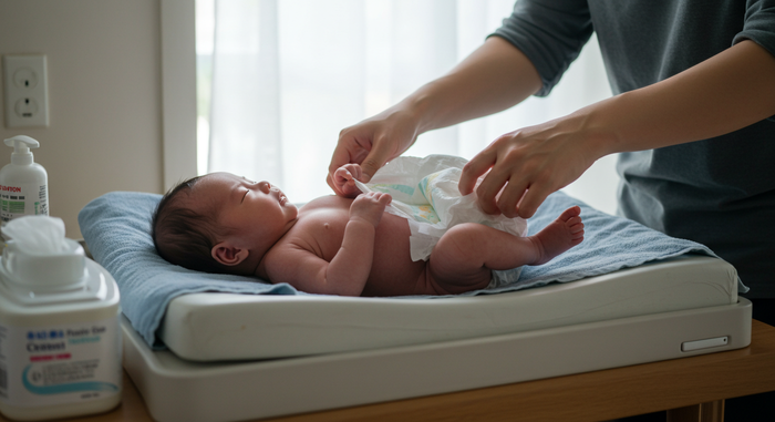 부모가 아기 엉덩이 닦는 장면