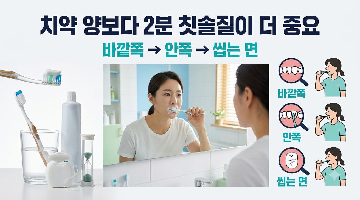 적은 양의 치약으로 치아의 바깥쪽 안쪽 씹는 면을 약 2분 동안 닦는 방법 이미지