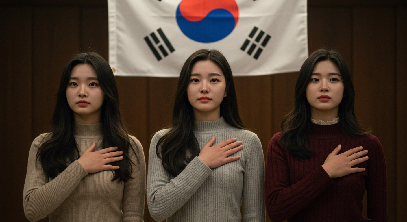 국기에 대한 경례를 하고있는 한국 여성들.