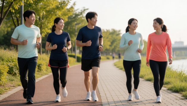 보행자를 만났을 때 러닝크루가 통로 폭을 줄여 안전한 간격을 두는 모습