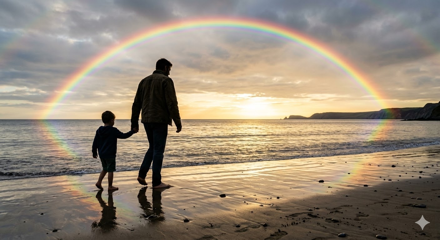 거친 파도를 헤치고 황금빛 보물섬이 보이는 수평선을 향해 든든하게 나아가는 돛단배. 그 배 위에서 어린 아이의 손을 잡고 수평선을 가리키는 아빠의 뒷모습 실루엣