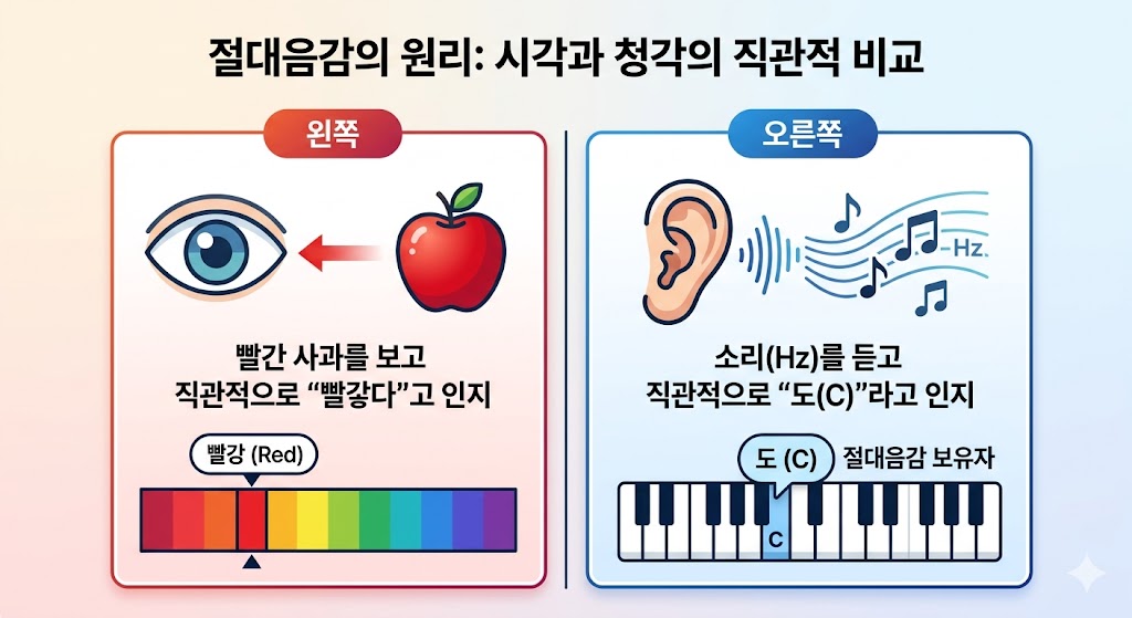 시각적 색상 인지와 절대음감의 청각 주파수 인지 비교 인포그래픽