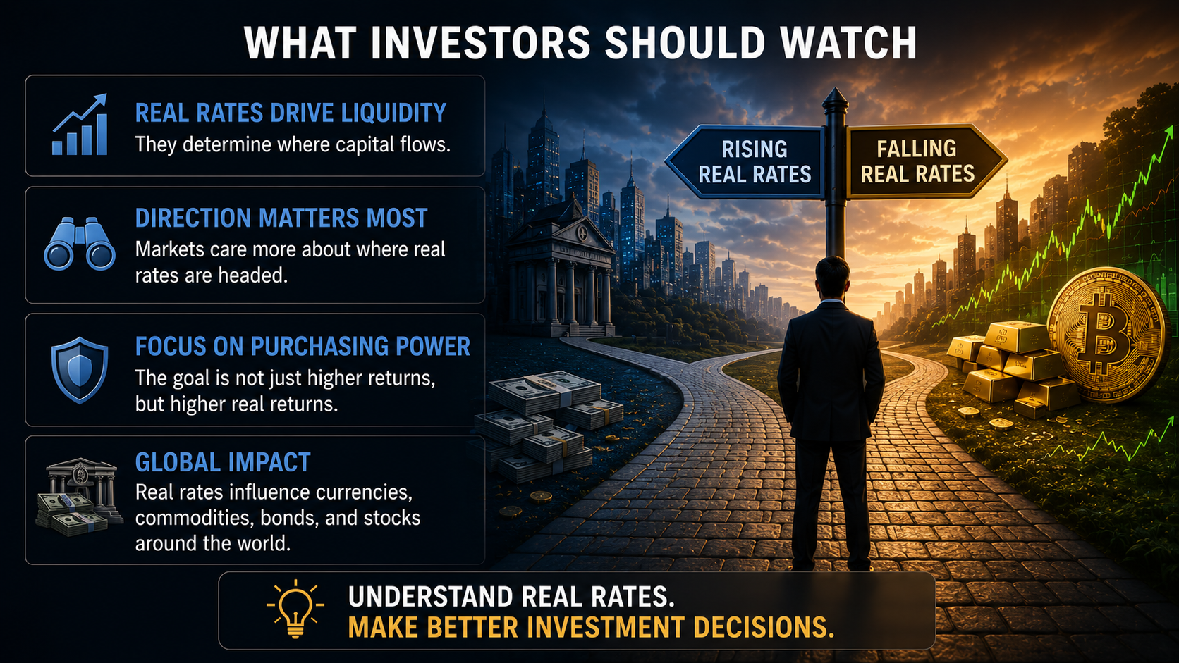 Investor analyzing future real interest rate trends and asset allocation decisions at a financial market crossroads.