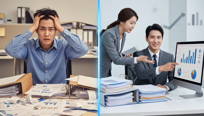 복잡한 서류 속에서 혼란스러워하는 모습과 전문가의 도움을 받아 체계적으로 소명 자료를 준비하는 모습