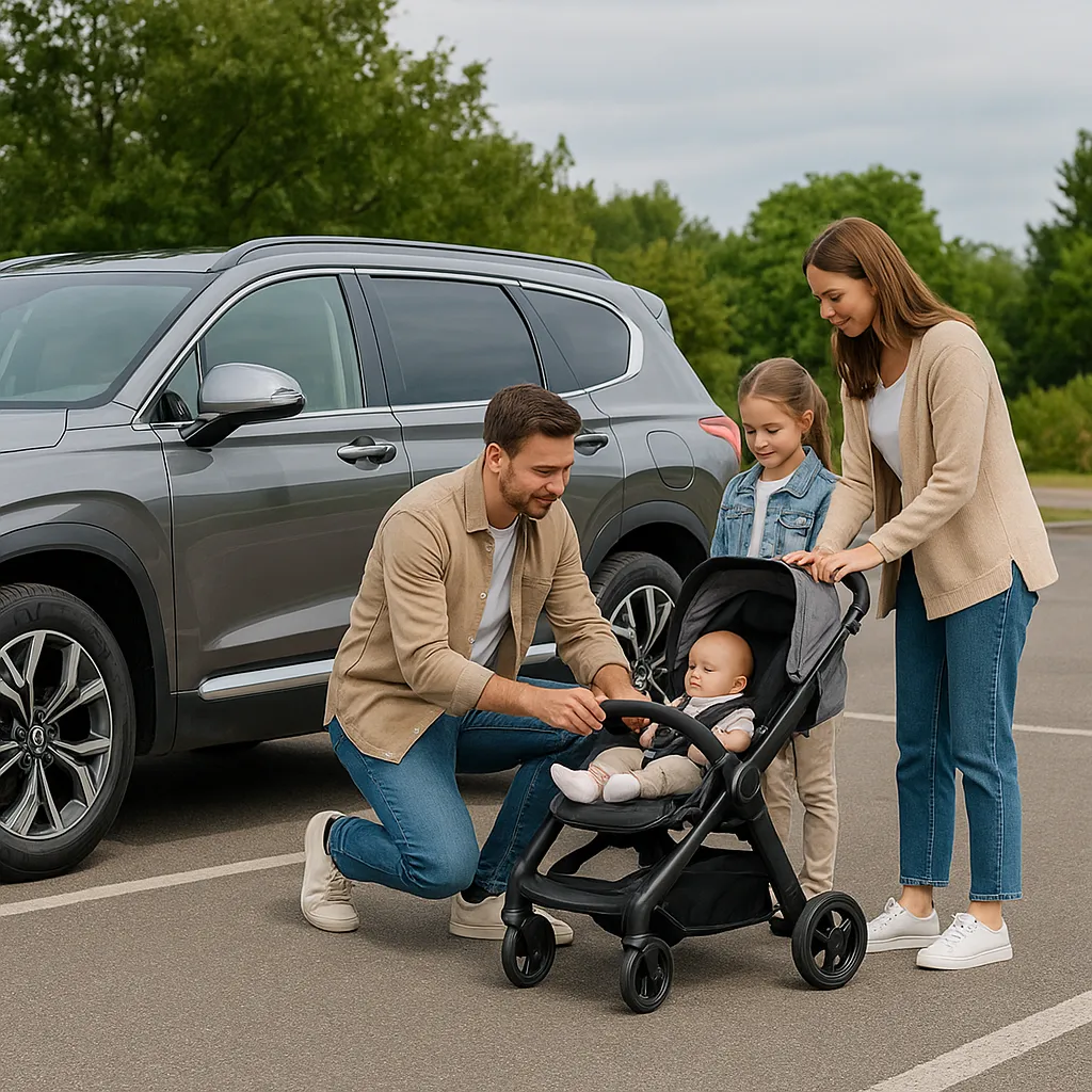 SUV 옆에서 가족이 아기 유모차를 펼치고 있는 장면
