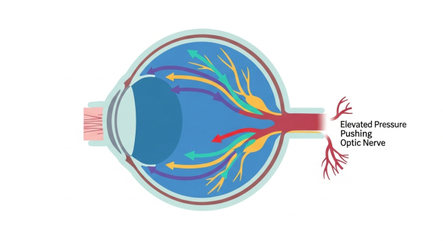 녹내장, 안압 상승이 시신경에 영향을 주는 개념도