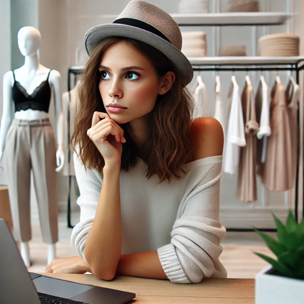 의류 쇼핑몰 창업의 현실을 보여주는 고민하는 창업자 이미지