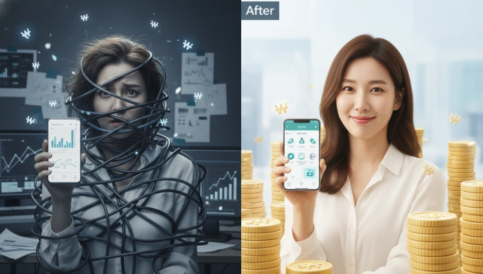 통신비 청구서에 숨겨진 유료결제 때문에 고민하던 한국 여성이 자동결제 해지로 재정을 명확히 정리하고 웃는 모습