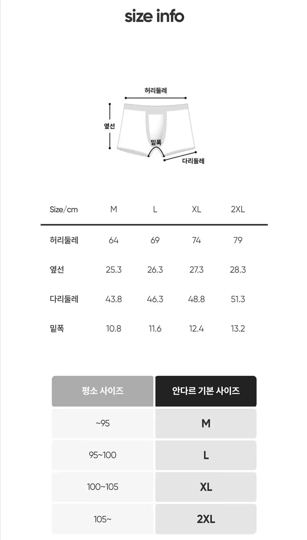 안다르(andar) 남자 언더웨어(드로즈) 사이즈 표