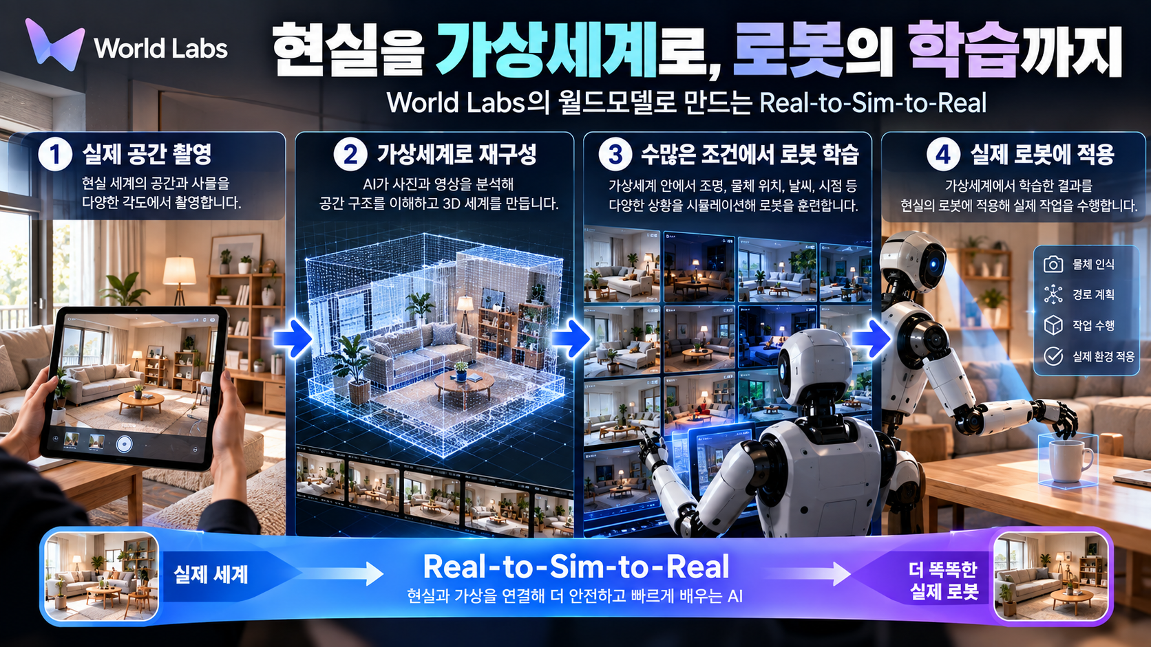실제 공간을 가상세계로 재구성해 다양한 조건에서 로봇을 학습한 뒤 현실에 적용하는 Real-to-Sim-to-Real 과정