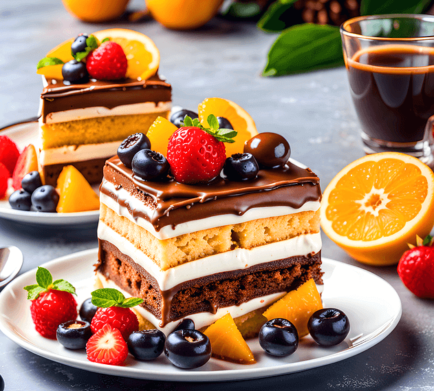 2개의 둥그런 하얀 접시에 초콜릿 과일 케이크 조각이 각각 담겨있다. 빨간 딸기, 불루베리, 노란 오렌지조각이 위에 얹어졌다.