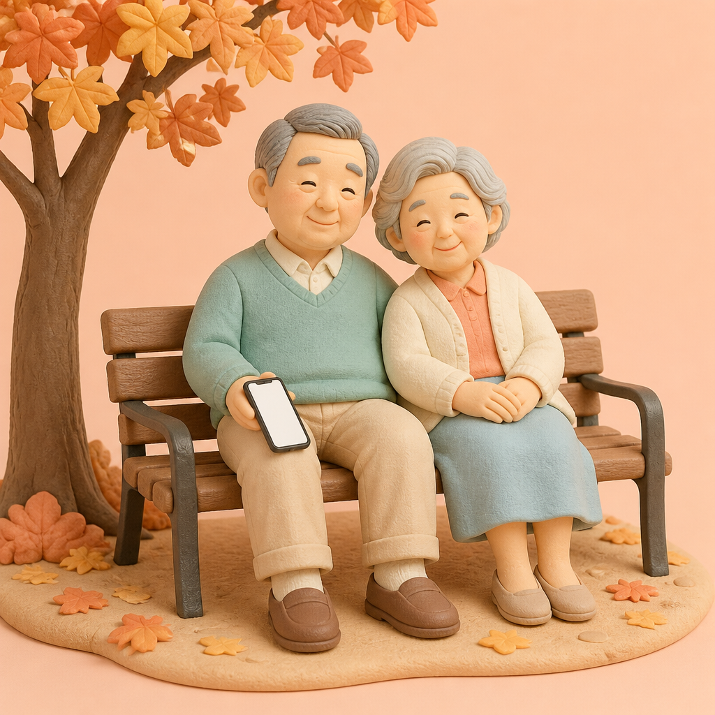 공원 벤치에 앉아 휴대폰을 무릎에 놓고 쉬는 노부부