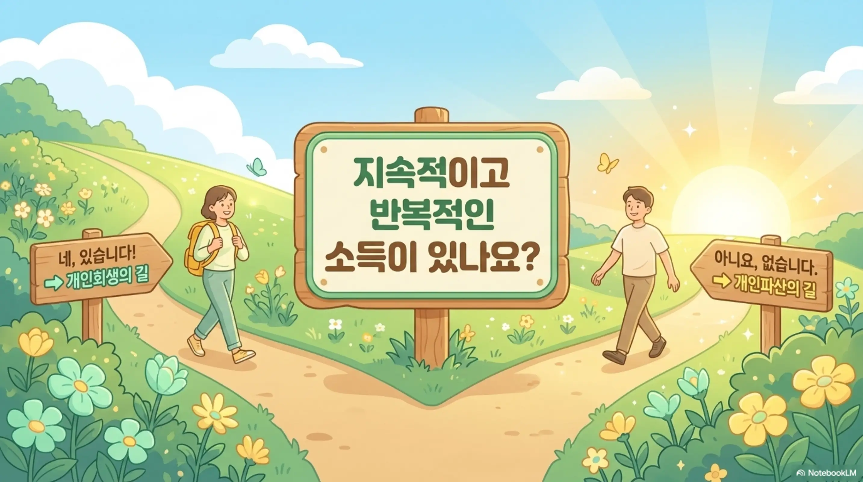 개인회생 vs 개인파산: 지속적이고 반복적인 소득이 있나요? 소득 유무에 따라 개인회생의 길과 개인파산의 길이 갈리는 선택 기준을 갈림길 이정표로 시각화한 인포그래픽 이미지 