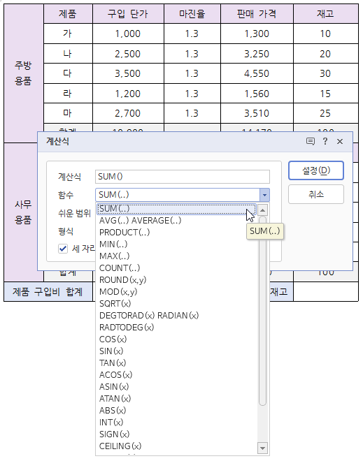 한글 표 계산식 표 합계