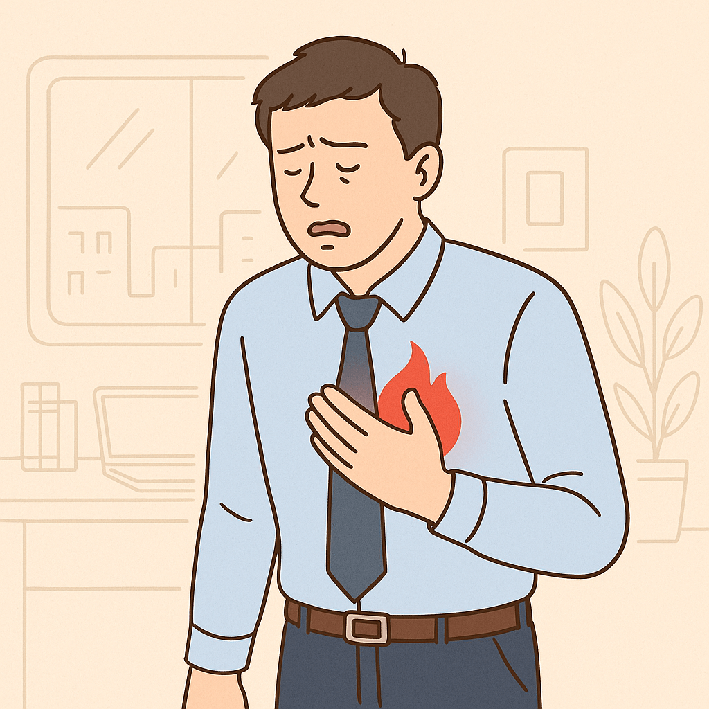 속쓰림을 느끼는 직장인 남성이 가슴을 움켜쥔 모습(출처**자체제작)