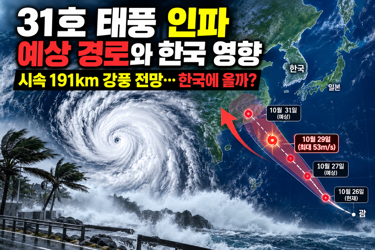 2026년 제31호 태풍 인파 예상 경로와 한국 영향 가능성을 설명하는 이미지