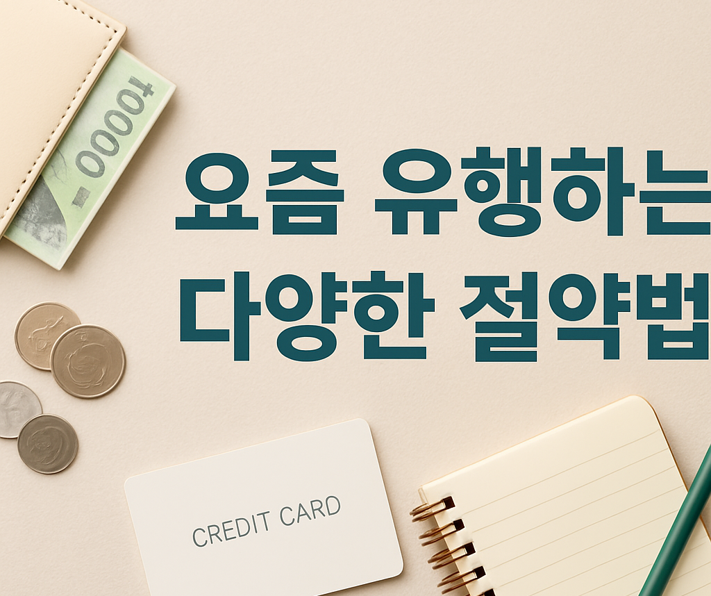 "다양한 절약 아이템이 정갈하게 배열된 평면 이미지, 요즘 유행하는 절약법을 상징적으로 표현"