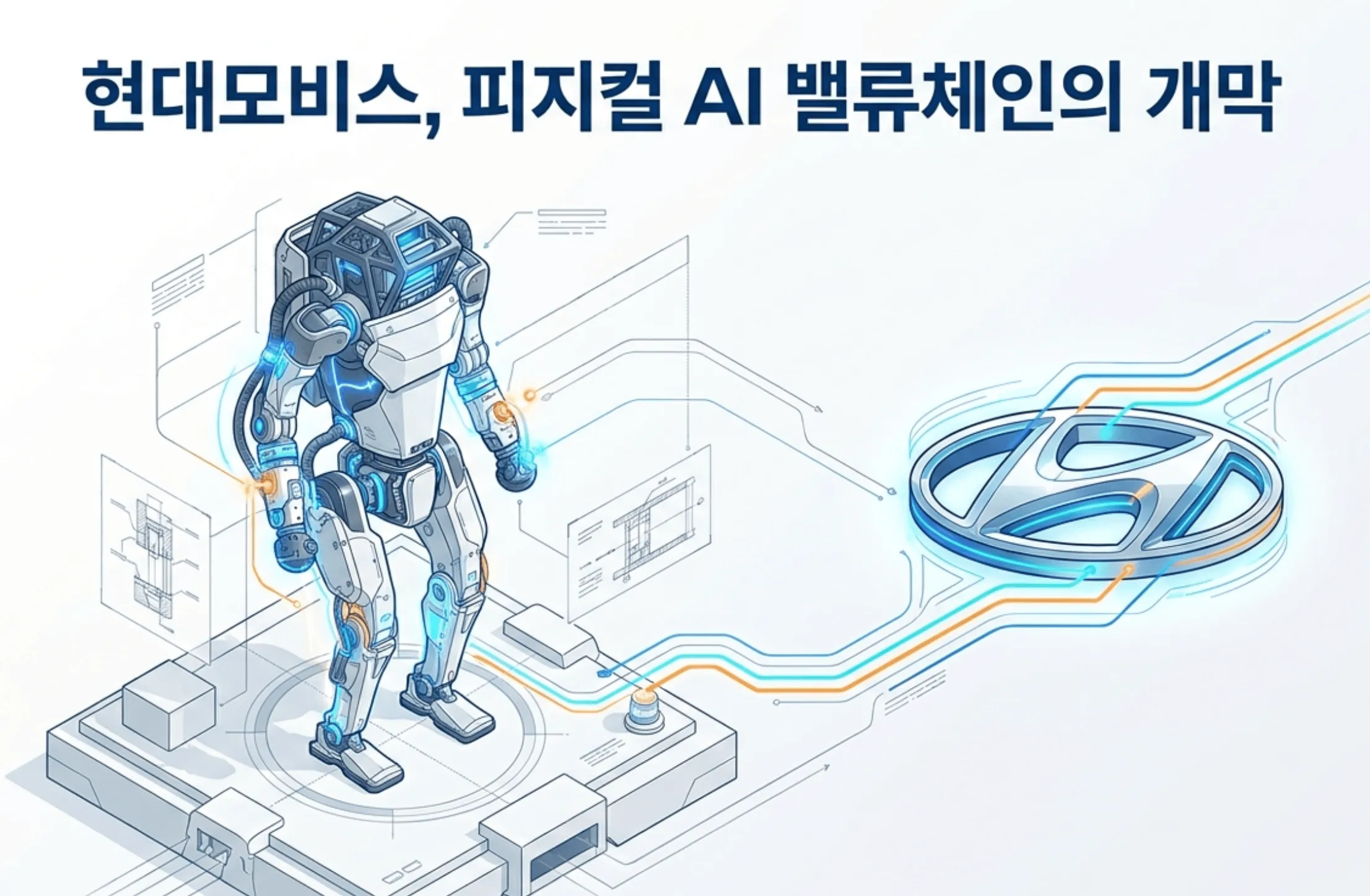 현대모비스 주가 전망: &rsquo;현대모비스, 피지컬 AI 밸류체인의 개막'이라는 문구가 포함된 대표 이미지. 이 이미지는 휴머노이드 로봇과 현대 로고가 데이터 라인으로 연결된 모습을 통해 현대모비스가 보스턴다이내믹스 아틀라스에 로봇 액추에이터를 공급하며 자동차 부품사에서 피지컬 AI 밸류체인으로 확장하는 휴머노이드 수혜 구조를 시각적으로 전달하며, 블로그의 현대모비스 주가 전망과 관련된 내용을 설명함