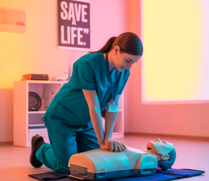 BLS certification training with CPR mannequin and AED equipment for basic life support education