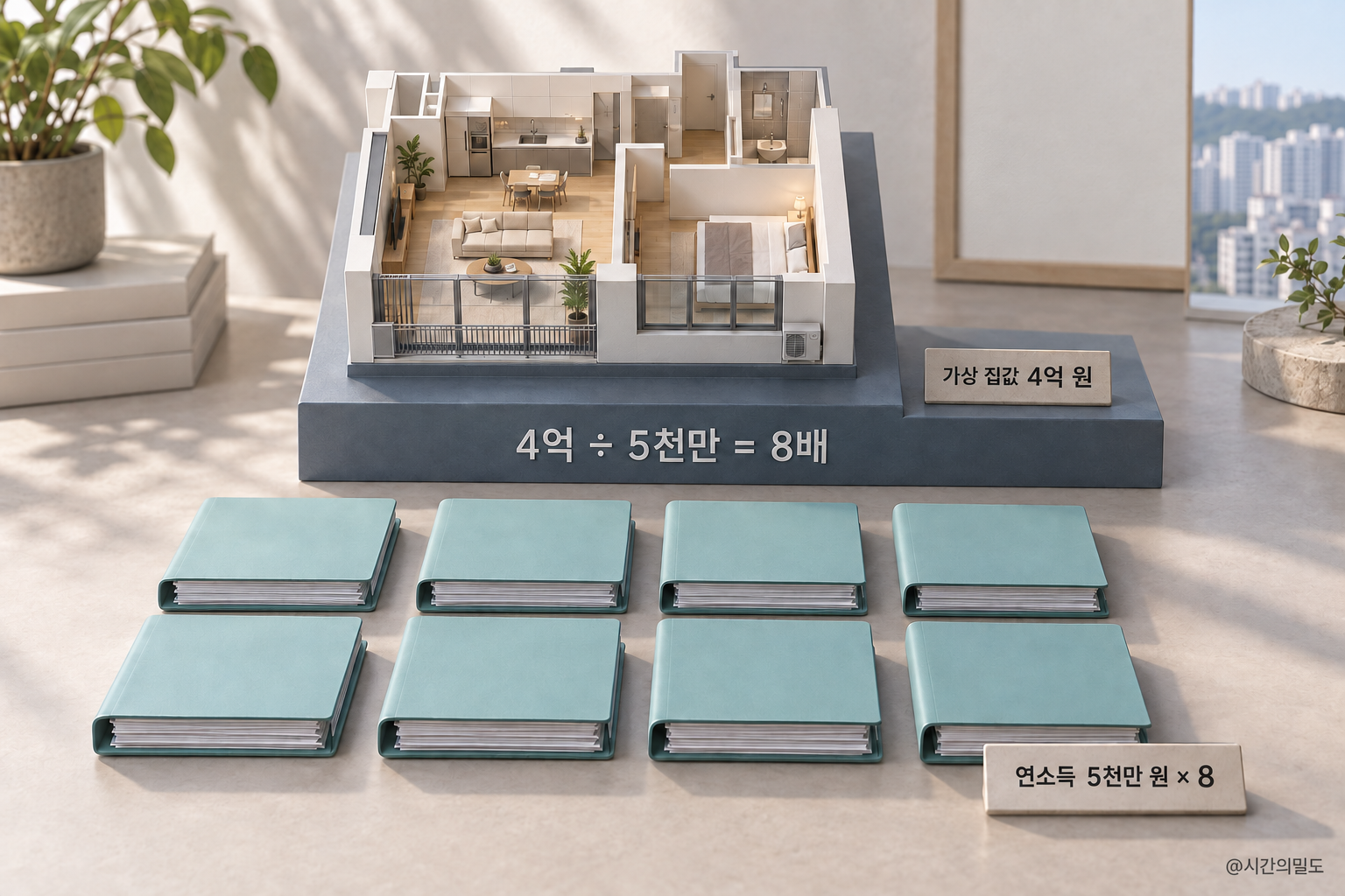 가상 집값 4억 원의 아파트 모형 앞에 연소득 5천만 원을 뜻하는 파일 여덟 개가 놓인 설명 그림