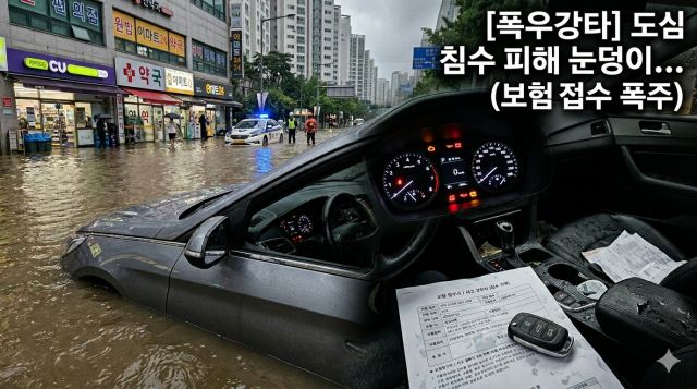 침수된 차량과 자동차 보험 서류를 보여주는 이미지