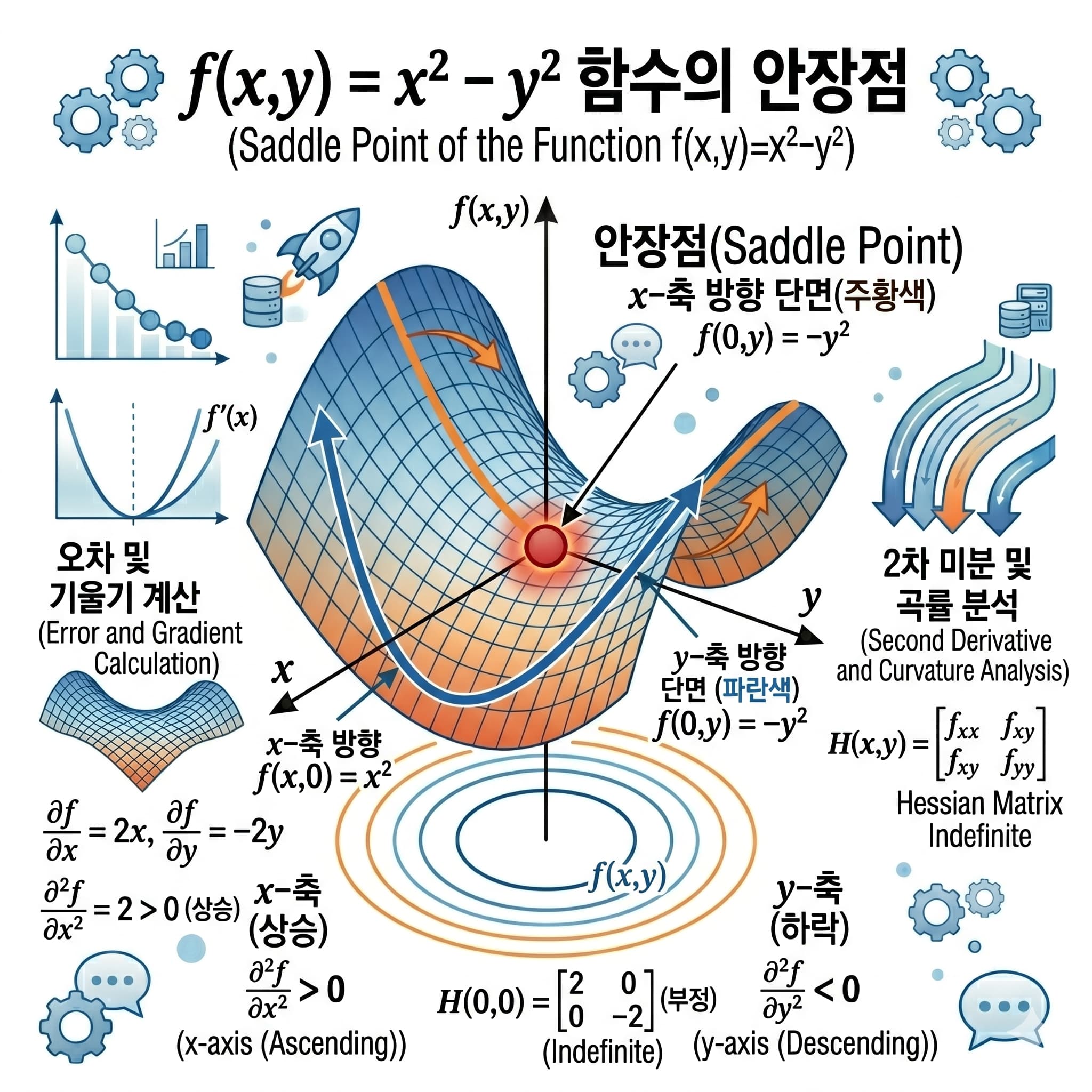 f(x,y)=x제곱 빼기 y제곱 함수에서 원점이 안장점인 것을 x방향 극소 y방향 극대로 보여주는 3D 다이어그램