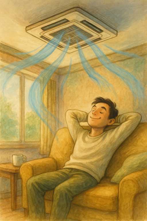 천장형 에어컨 4way 공기흐름 예시 – 정서적 안정에 기여하는 균일 냉방 이미지