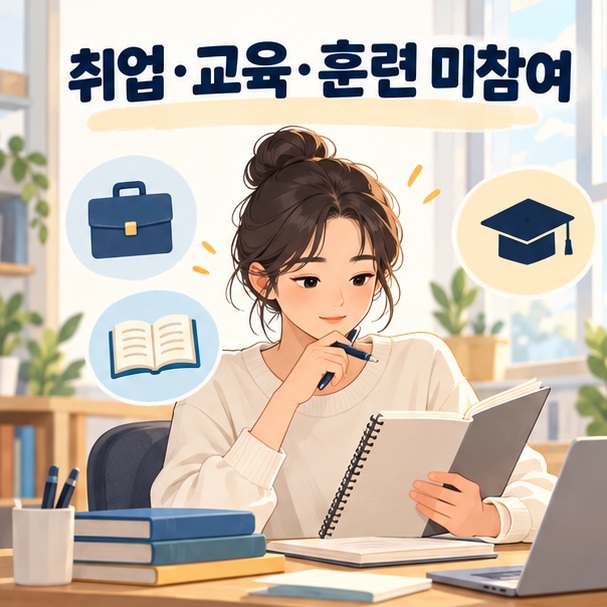 청년이 책상에서 노트를 살펴보며 취업과 교육 및 훈련 참여 상태를 생각하는 모습