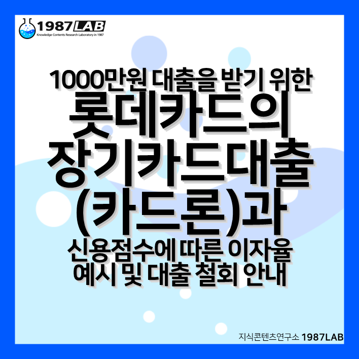1000만원 대출을 받기 위한 롯데카드의 장기카드대출(카드론)과 신용점수에 따른 이자율 예시 및 대출 철회 안내
