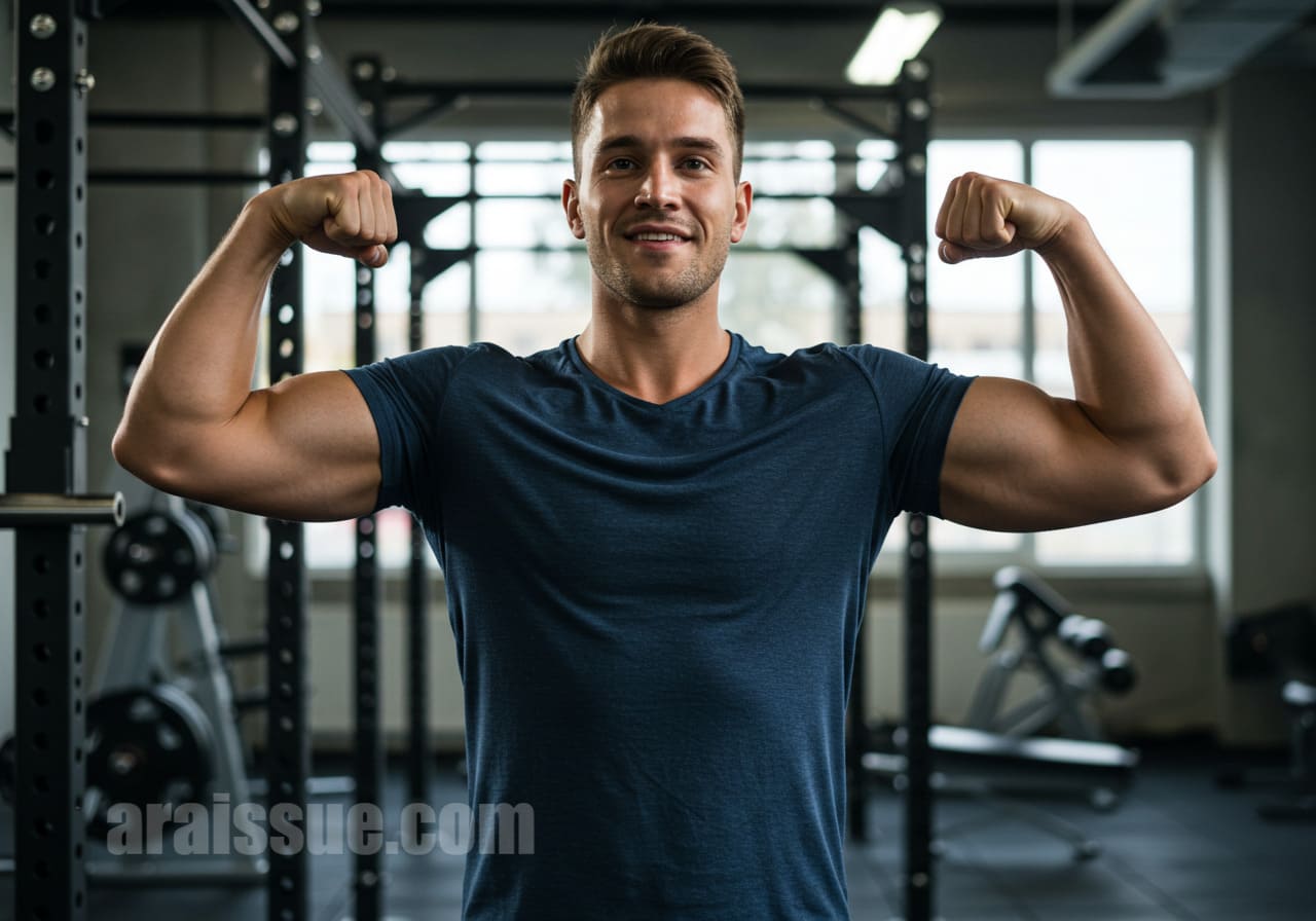 건강한 남성이 넓은 어깨와 바른 자세를 강조하며 체육관에서 자신감 있는 모습을 보여주는 장면.