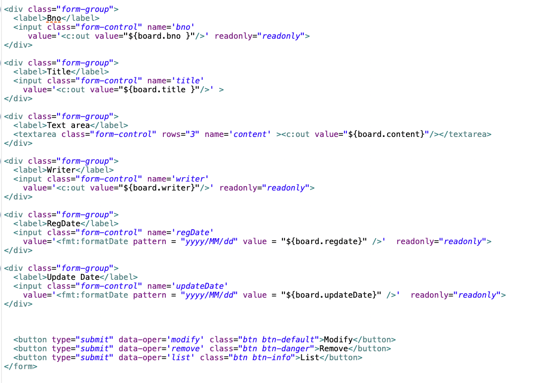 게시물 수정 페이지 modify.jsp의 폼 작성 코드 화면 (2)