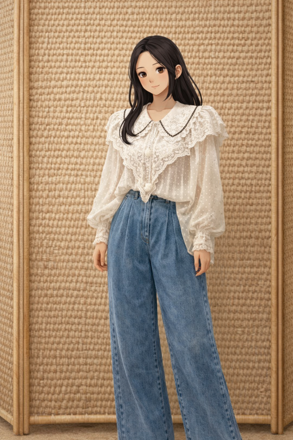 lace blouse with pintuck denim outfit
light summer lace denim look
breathable casual summer outfit
