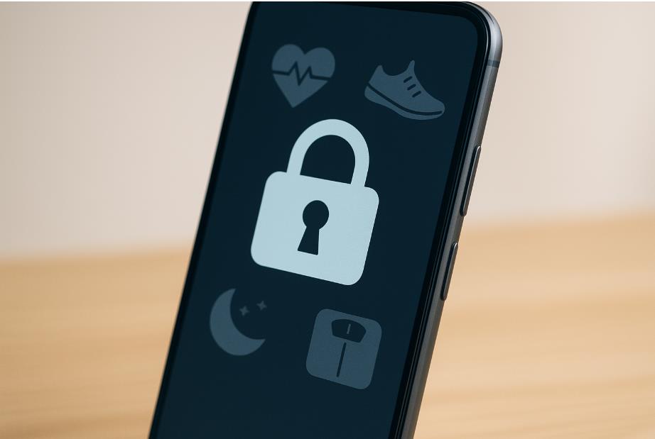 스마트폰 화면에 건강 데이터 보안 잠금 아이콘 표시