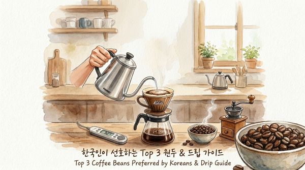 커피 원두와 핸드 드립 도구 그리고 '한국인 선호 원두 TOP 3 &amp; 드립 가이드' 문구